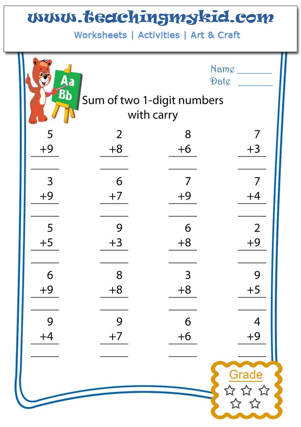 Free Printable Math Worksheet Addition of two 1 digit numbers