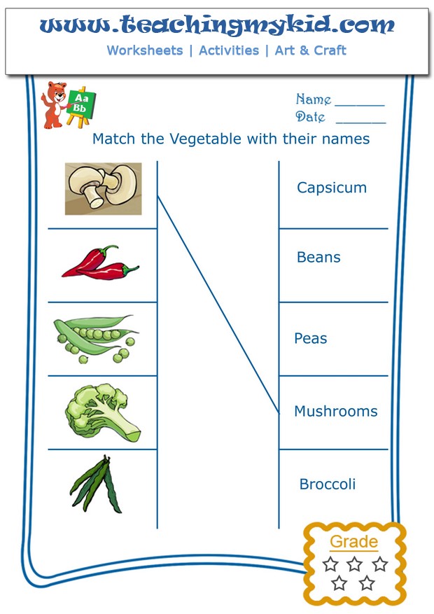 Worksheets for kindergarten - Match vegetables with names - 4