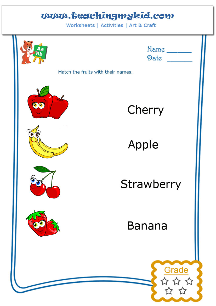 Preschool worksheets - Match the fruits with their name - 4