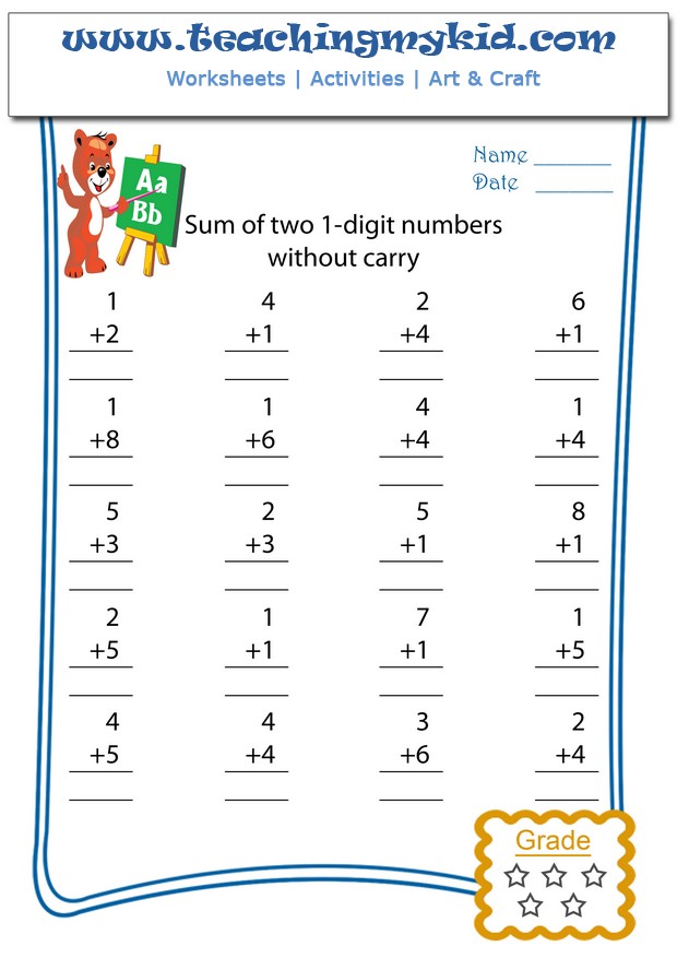 Addition worksheets - Sum of two 1-digit numbers - No carry