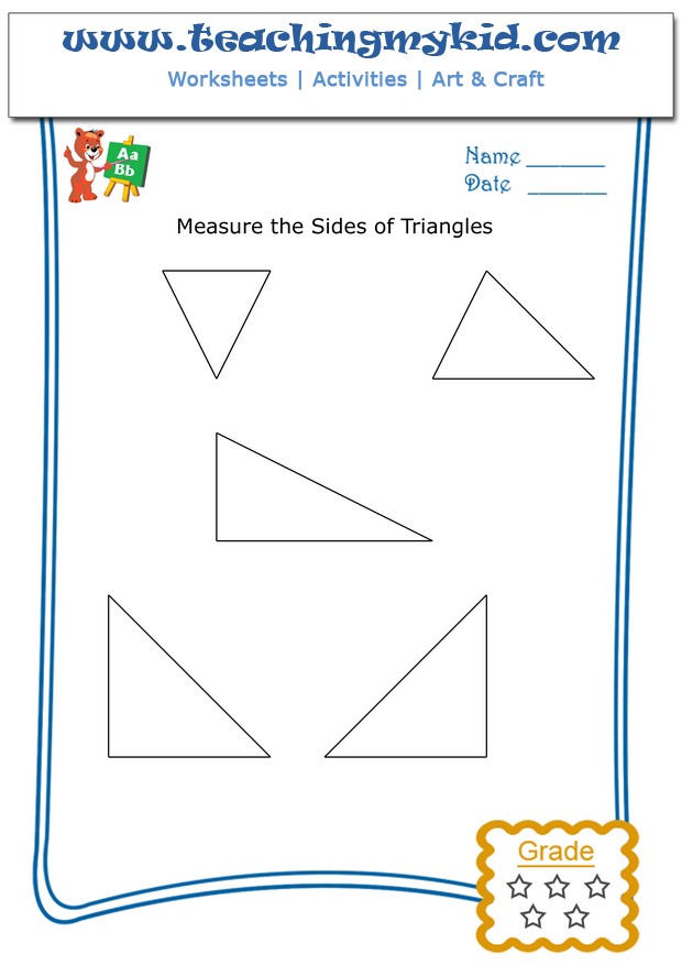 Kindergarten math worksheets - Measure sides of Triangles - 3