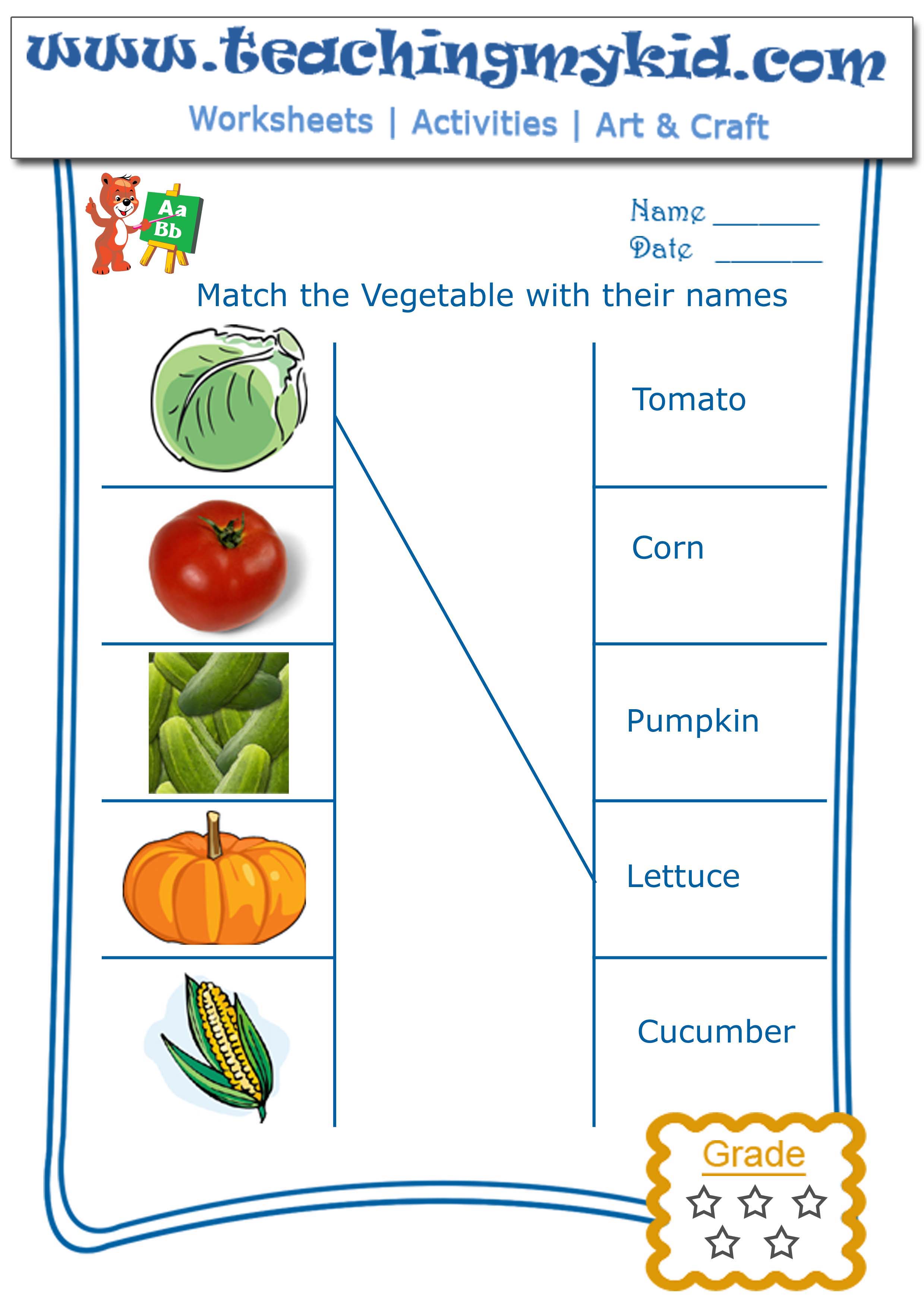 kindergarten worksheet match vegetables with their names 2