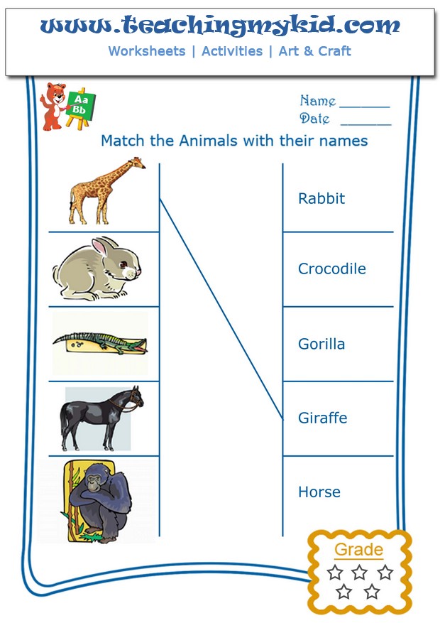 Preschool worksheets - Match the wild animals with names - 2