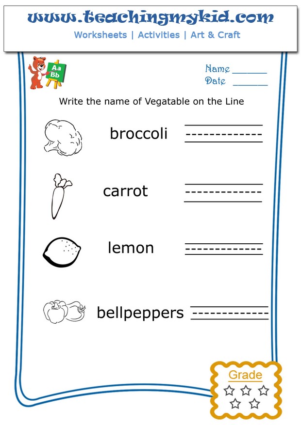 Preschool english worksheets - In this english worksheet, children will write the name of each vegetable on the given line.