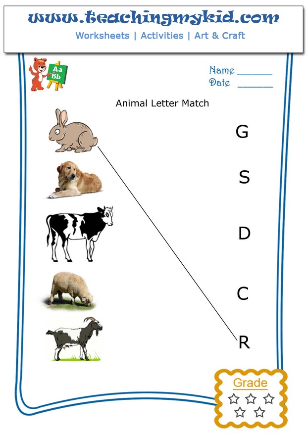 kindergarten learning - Match the animal with first letter of name