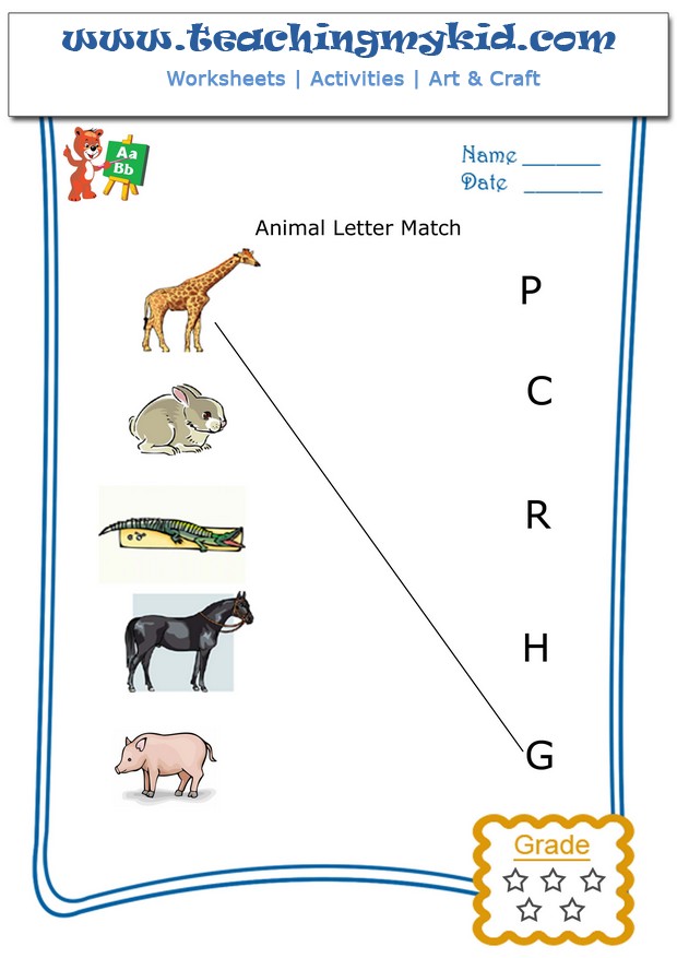 pre k worksheets - Match animal with the first letter of name - 3
