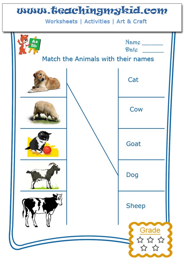 Worksheets for kids - Match Domestic Animals with names - 1