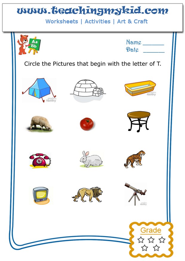 school worksheets Circle the pictures that begin with the letter T