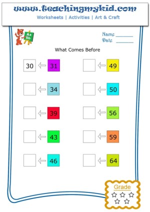 What comes before (number between 1 - 100) - Worksheet 6 - Teaching My Kid