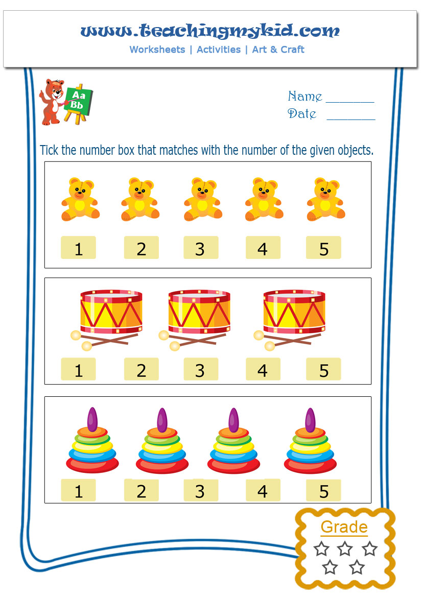 printable kindergarten worksheets match with the number 1