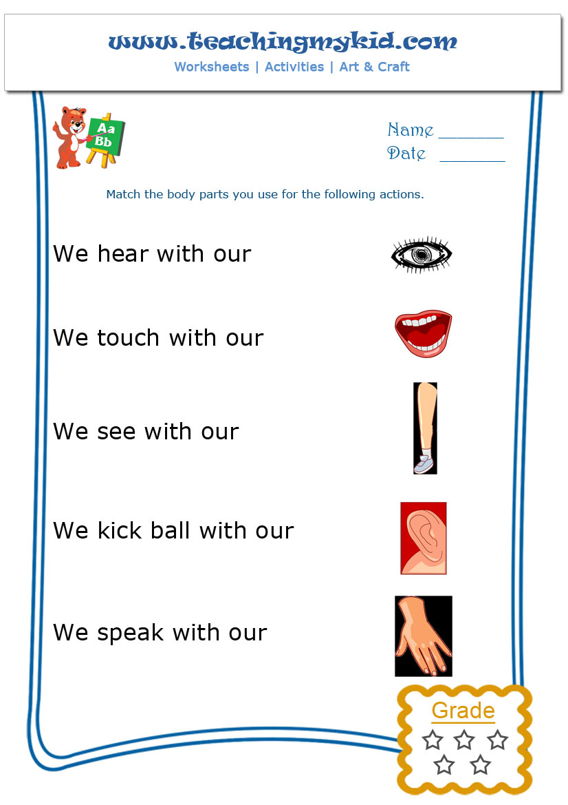 kindergarten learning - Match the body parts - Worksheet - 1