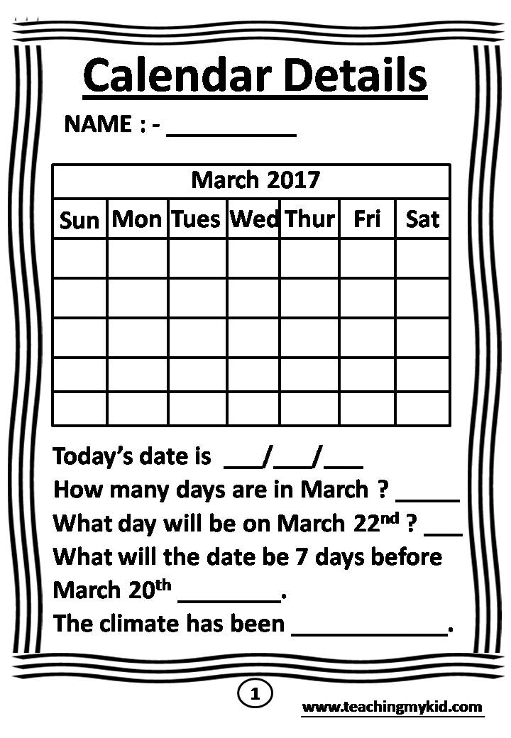 kids worksheets - Monthly Calander Activity Worksheets