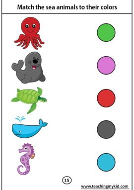 kindergarten worksheets free - Match the sea animals to their colors