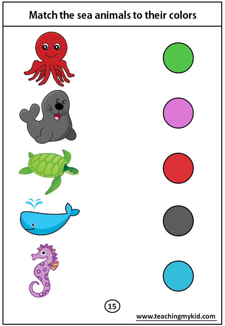 kindergarten worksheets free - Match the sea animals to their colors