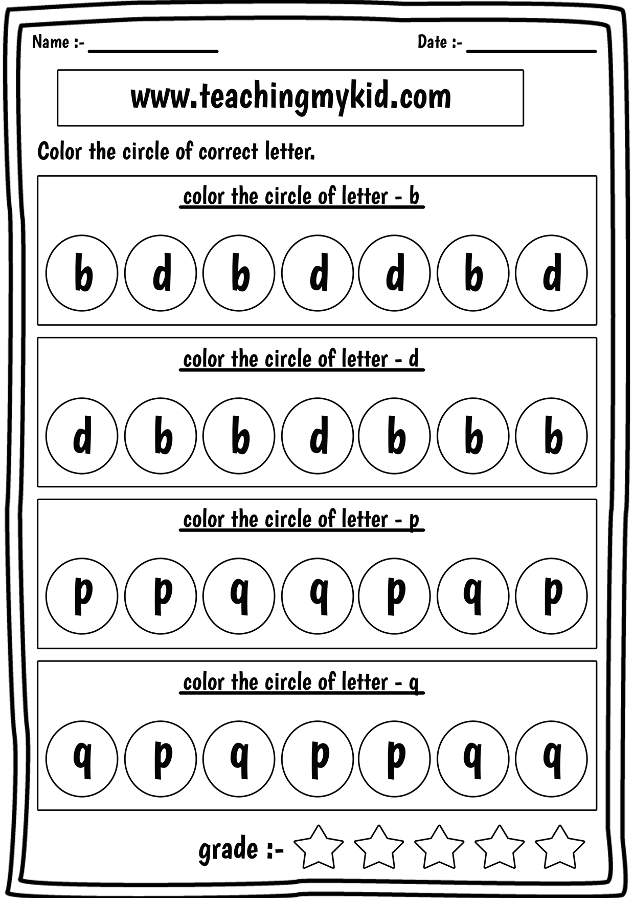 preschool printable worksheets - confusing letters b,d,p,q